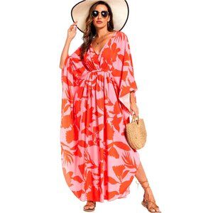 V-Neck Maxi Kaftan Dress Lightweight Swimsuit Cover Up Boho Beach Wear